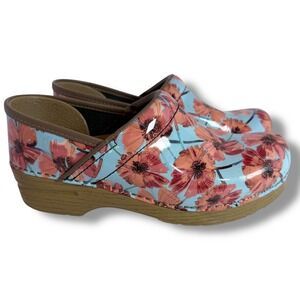 Dansko Floral Leather Clogs Women's Size 8 39 Blue Orange Flowers Shoes
